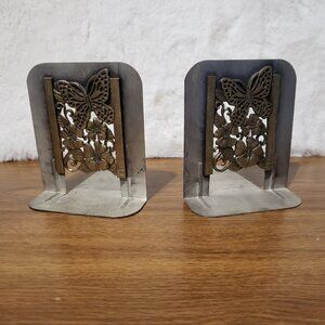 Vintage 1980 Metzke Pewter Butterfly Flowers Bookends Silver Gold Decor